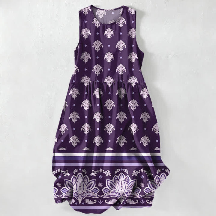 Buddha Stones Lässiges, sommerliches, ärmelloses Midikleid für Damen mit Lotus-Bordüre und Taschen - Lila - US16, UK/AU20, EU48 (3XL) - image 4