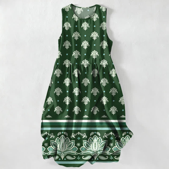 Buddha Stones Lässiges, sommerliches, ärmelloses Midikleid für Damen mit Lotus-Bordüre und Taschen - Waldgrün - US16, UK/AU20, EU48 (3XL) - image 5