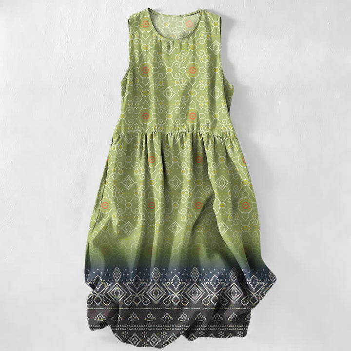 Buddha Stones Sommerliches, lässiges, ärmelloses Midikleid für Damen mit geometrischem Blumenmuster im Boho-Stil und Taschen - Hellgrün - US16, UK/AU20, EU48 (3XL) - image 0
