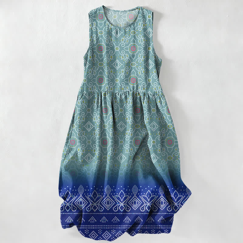 Buddha Stones Sommerliches, lässiges, ärmelloses Midikleid für Damen mit geometrischem Blumenmuster im Boho-Stil und Taschen - Türkis - US16, UK/AU20, EU48 (3XL) - image 5