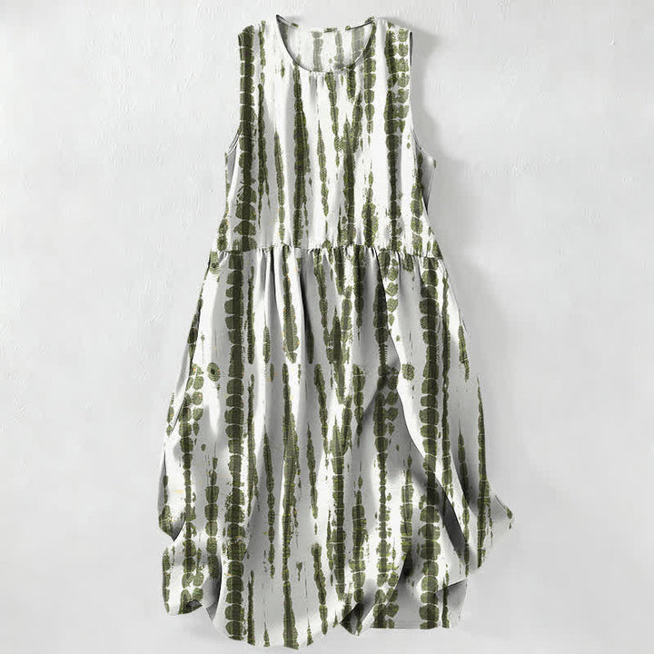 Buddha Stones Lässiges, ärmelloses Midikleid für Damen mit Taschen und vertikalem Streifenmuster - Schnee - image 0