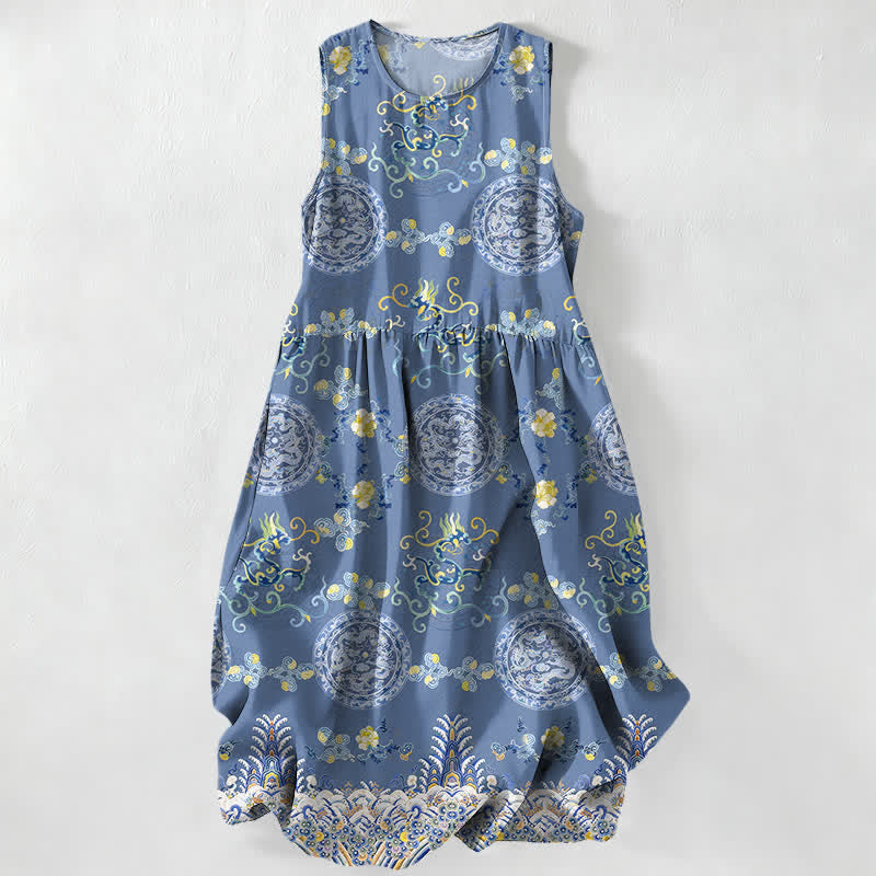 Buddha Stones Sommerliches, lässiges Vintage-Sommerkleid für Damen mit floralem Medaillon- und Blättermuster, ärmellos, Midi-Länge und Taschen - SteelBlue - US16, UK/AU20, EU48 (3XL) - image 0