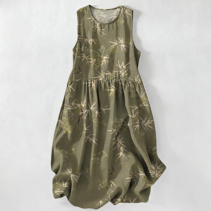 Buddha Stones Lässiges, ärmelloses Sommer-Midikleid für Damen mit Bambusblattmuster und Taschen - Olivgrün - US16, UK/AU20, EU48 (3XL) - image 0
