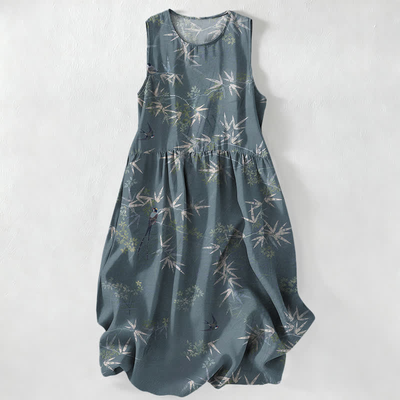 Buddha Stones Lässiges, ärmelloses Sommer-Midikleid für Damen mit Bambusblattmuster und Taschen - Kadettenblau - US16, UK/AU20, EU48 (3XL) - image 5