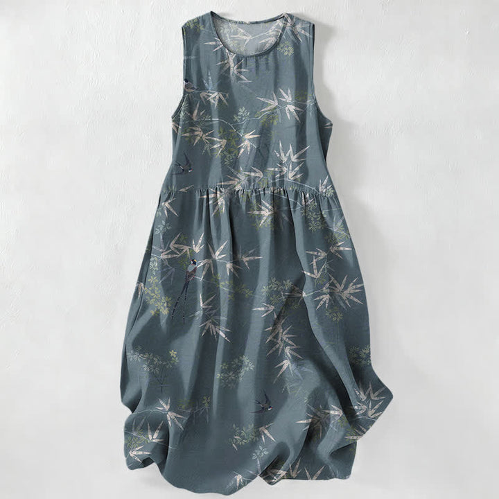 Buddha Stones Lässiges, ärmelloses Sommer-Midikleid für Damen mit Bambusblattmuster und Taschen - Kadettenblau - US16, UK/AU20, EU48 (3XL) - image 5