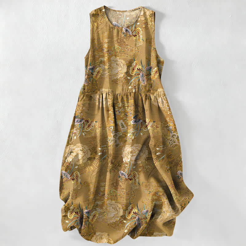 Buddha Stones Lässiges, sommerliches Damen-Midikleid im Vintage-Stil mit Paisley-Blumenmuster, ärmellos und mit Taschen - Dunkelgoldenrod - US16, UK/AU20, EU48 (3XL) - image 0