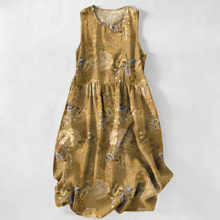 Buddha Stones Lässiges, sommerliches Damen-Midikleid im Vintage-Stil mit Paisley-Blumenmuster, ärmellos und mit Taschen - Dunkelgoldenrod - US16, UK/AU20, EU48 (3XL) - image 0