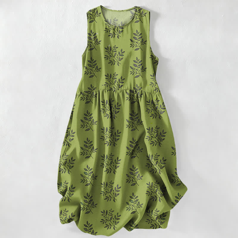 Buddha Stones Lässiges, sommerliches, ärmelloses Midikleid für Damen mit botanischem Blättermuster und Taschen - Olivgrün - US16, UK/AU20, EU48 (3XL) - image 0