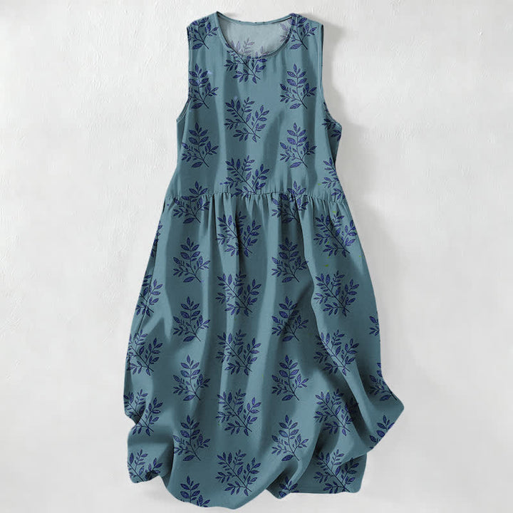 Buddha Stones Lässiges, sommerliches, ärmelloses Midikleid für Damen mit botanischem Blättermuster und Taschen - Kadettenblau - US16, UK/AU20, EU48 (3XL) - image 4