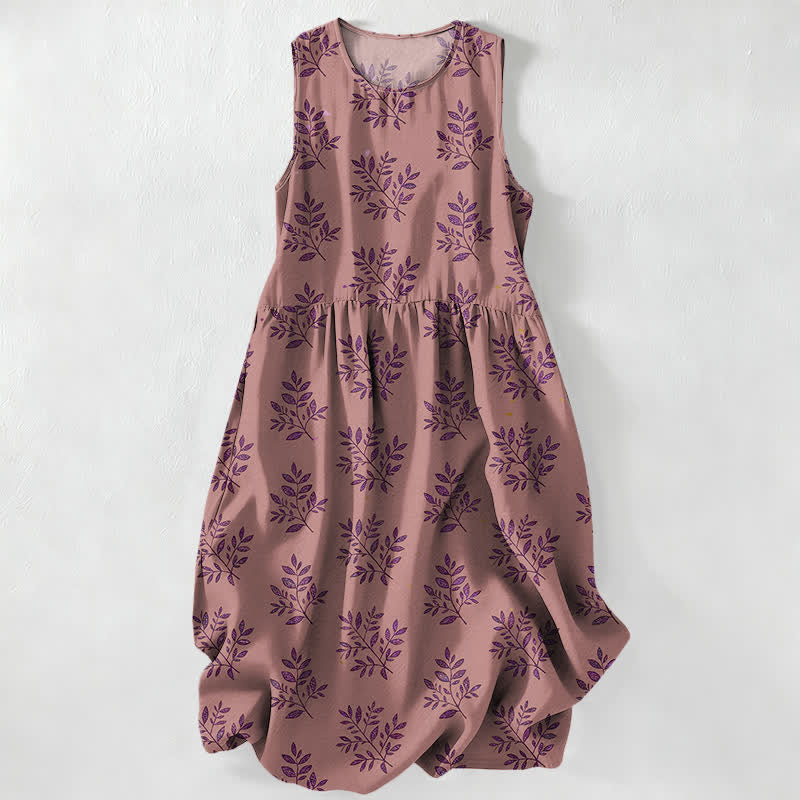Buddha Stones Lässiges, sommerliches, ärmelloses Midikleid für Damen mit botanischem Blättermuster und Taschen - Blassviolettrot - US16, UK/AU20, EU48 (3XL) - image 5