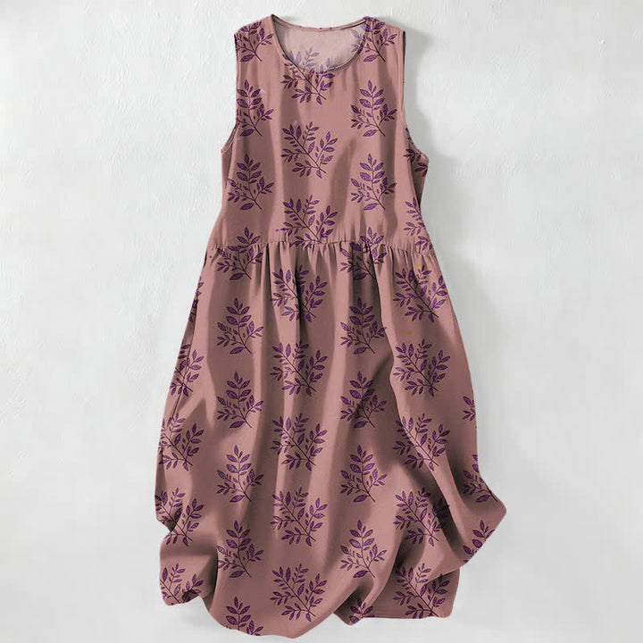 Buddha Stones Lässiges, sommerliches, ärmelloses Midikleid für Damen mit botanischem Blättermuster und Taschen - Blassviolettrot - US16, UK/AU20, EU48 (3XL) - image 5