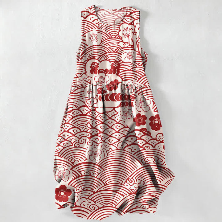 Buddha Stones Sommerliches, lässiges, ärmelloses Midikleid mit Blumenmuster von Seigaiha für Damen mit Taschen - FloralWeiß - US16, UK/AU20, EU48 (3XL) - image 0