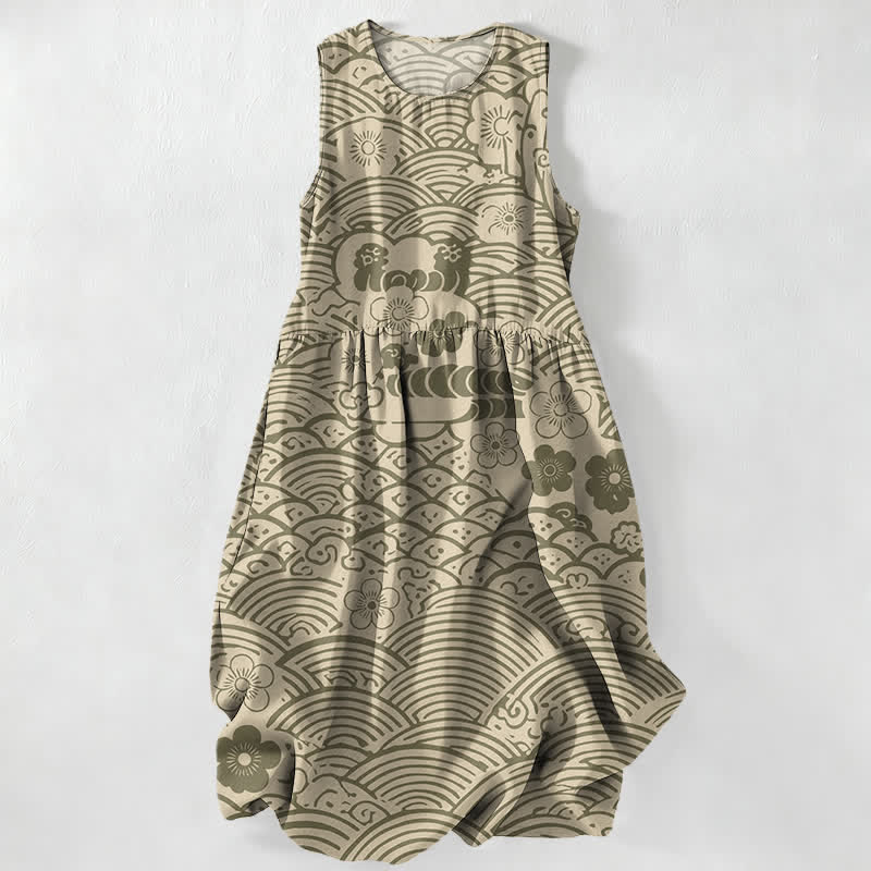 Buddha Stones Sommerliches, lässiges, ärmelloses Midikleid mit Blumenmuster von Seigaiha für Damen mit Taschen - Dunkelkhaki - US16, UK/AU20, EU48 (3XL) - image 5