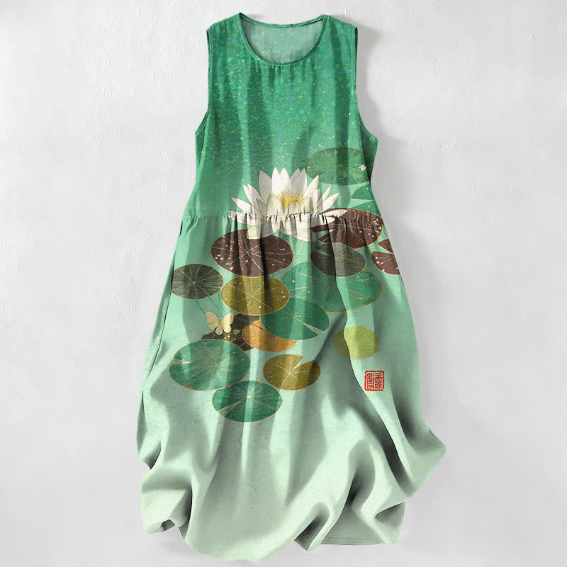 Buddha Stones Lässiges Sommerkleid für Damen mit Lotus-Teich-Muster, ärmellos, Midi-Länge und Taschen - Aquamarin - US16, UK/AU20, EU48 (3XL) - image 0
