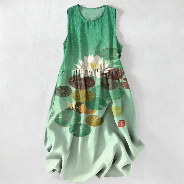 Buddha Stones Lässiges Sommerkleid für Damen mit Lotus-Teich-Muster, ärmellos, Midi-Länge und Taschen - Aquamarin - US16, UK/AU20, EU48 (3XL) - image 0