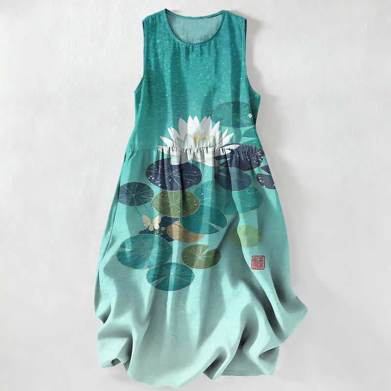 Buddha Stones Lässiges Sommerkleid für Damen mit Lotus-Teich-Muster, ärmellos, Midi-Länge und Taschen - Türkis - US16, UK/AU20, EU48 (3XL) - image 4