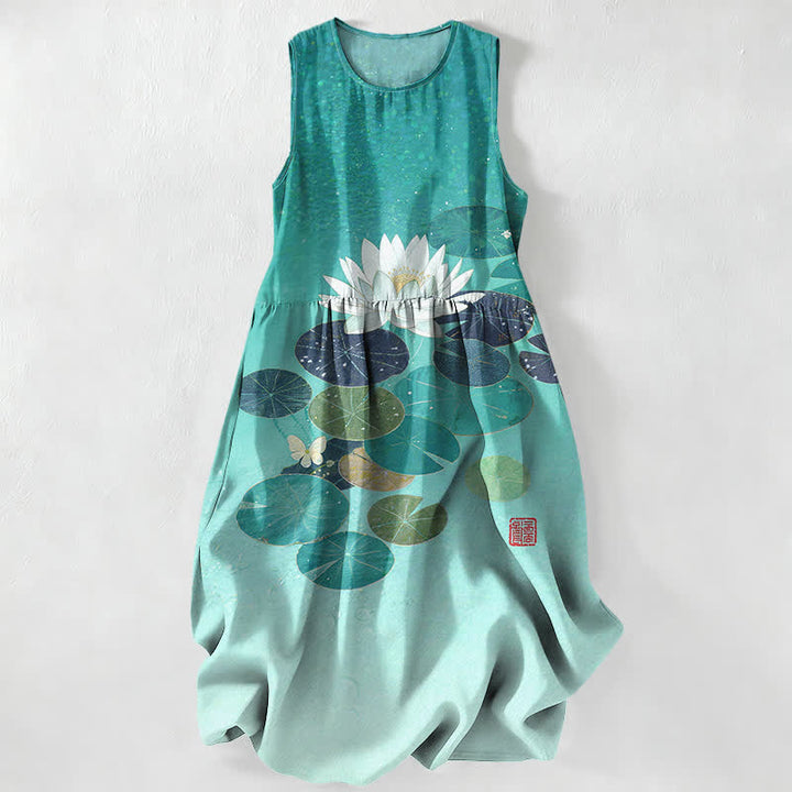 Buddha Stones Lässiges Sommerkleid für Damen mit Lotus-Teich-Muster, ärmellos, Midi-Länge und Taschen - Türkis - US16, UK/AU20, EU48 (3XL) - image 4