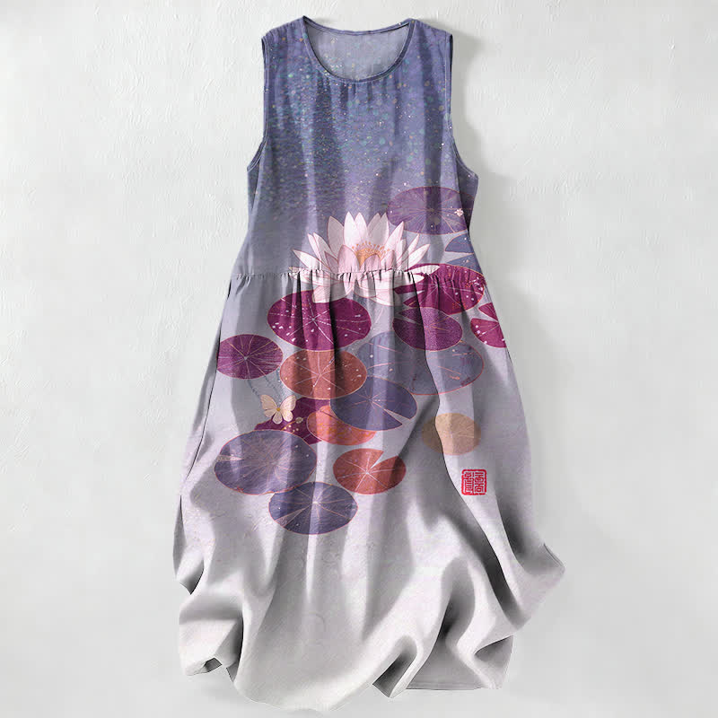 Buddha Stones Lässiges Sommerkleid für Damen mit Lotus-Teich-Muster, ärmellos, Midi-Länge und Taschen - Lavendel - US16, UK/AU20, EU48 (3XL) - image 5