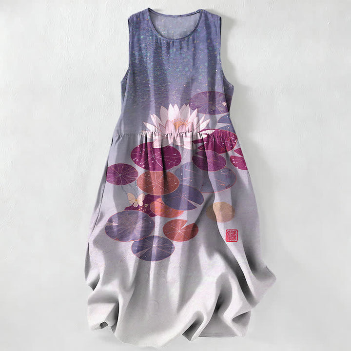 Buddha Stones Lässiges Sommerkleid für Damen mit Lotus-Teich-Muster, ärmellos, Midi-Länge und Taschen - Lavendel - US16, UK/AU20, EU48 (3XL) - image 5