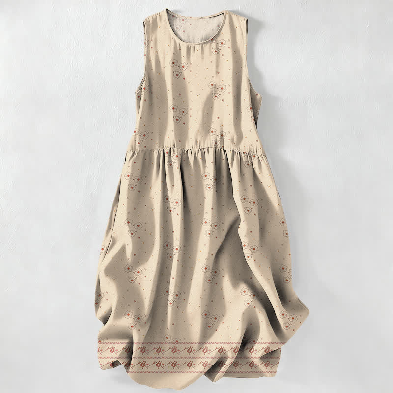 Buddha Stones Lässiges, sommerliches, ärmelloses Midikleid für Damen mit zartem Blumen- und Punktmuster und Taschen - Beige - US16, UK/AU20, EU48 (3XL) - image 0