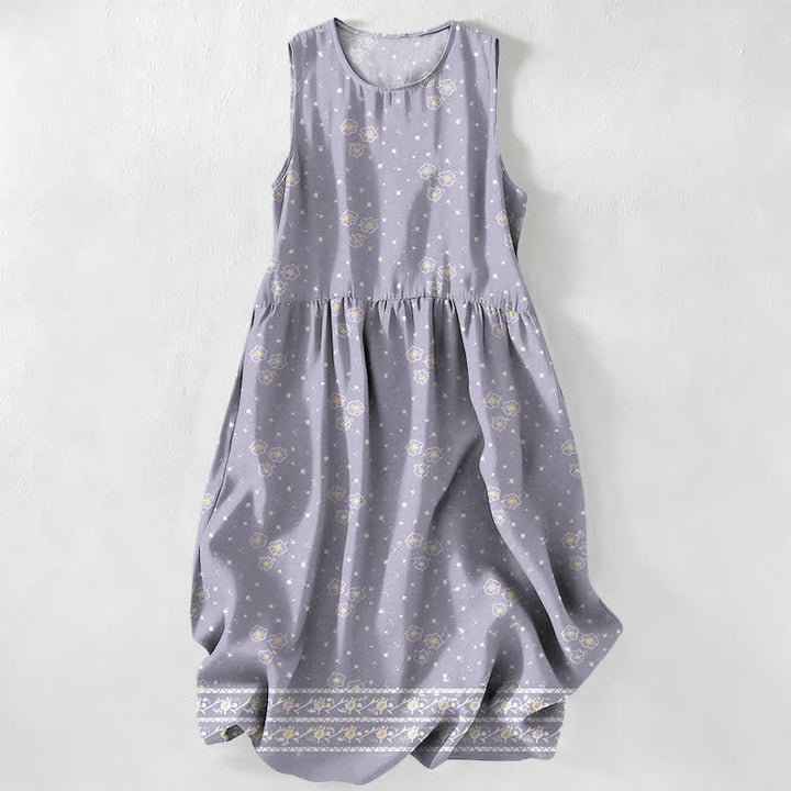 Buddha Stones Lässiges, sommerliches, ärmelloses Midikleid für Damen mit zartem Blumen- und Punktmuster und Taschen - Lavendel - US16, UK/AU20, EU48 (3XL) - image 5