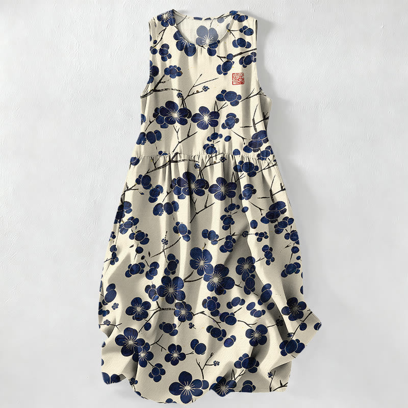 Buddha Stones Lässiges, ärmelloses Midikleid für Damen mit indigoblauem Blumenmuster und Taschen - Elfenbein - US16, UK/AU20, EU48 (3XL) - image 0