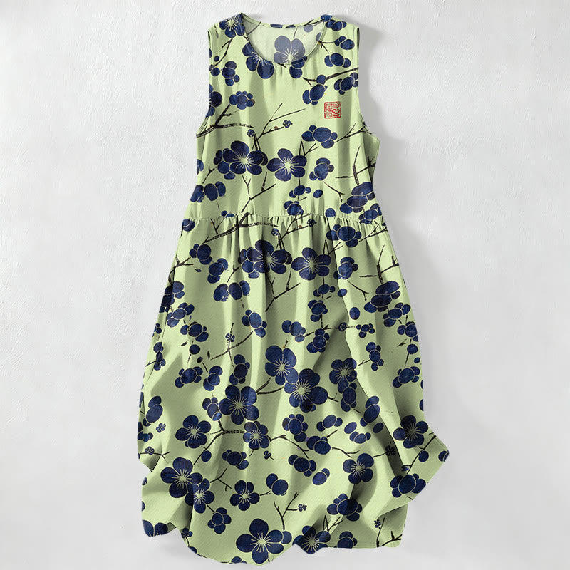 Buddha Stones Lässiges, ärmelloses Midikleid für Damen mit indigoblauem Blumenmuster und Taschen - Hellgrün - US16, UK/AU20, EU48 (3XL) - image 4