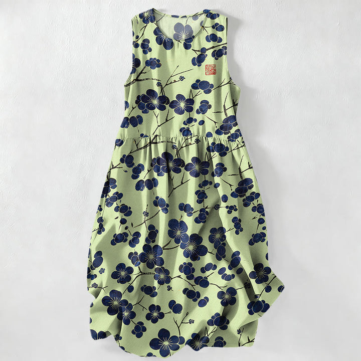 Buddha Stones Lässiges, ärmelloses Midikleid für Damen mit indigoblauem Blumenmuster und Taschen - Hellgrün - US16, UK/AU20, EU48 (3XL) - image 4
