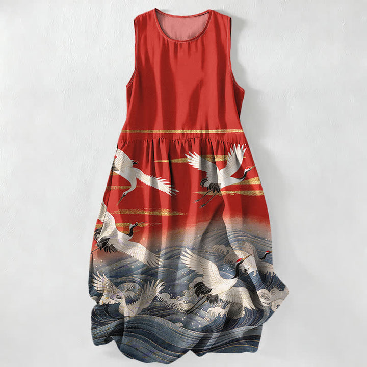 Buddha Stones Lässiges, ärmelloses Midikleid für Damen mit Kranich-Wellen-Muster und Taschen - Rot - US16, UK/AU20, EU48 (3XL) - image 0