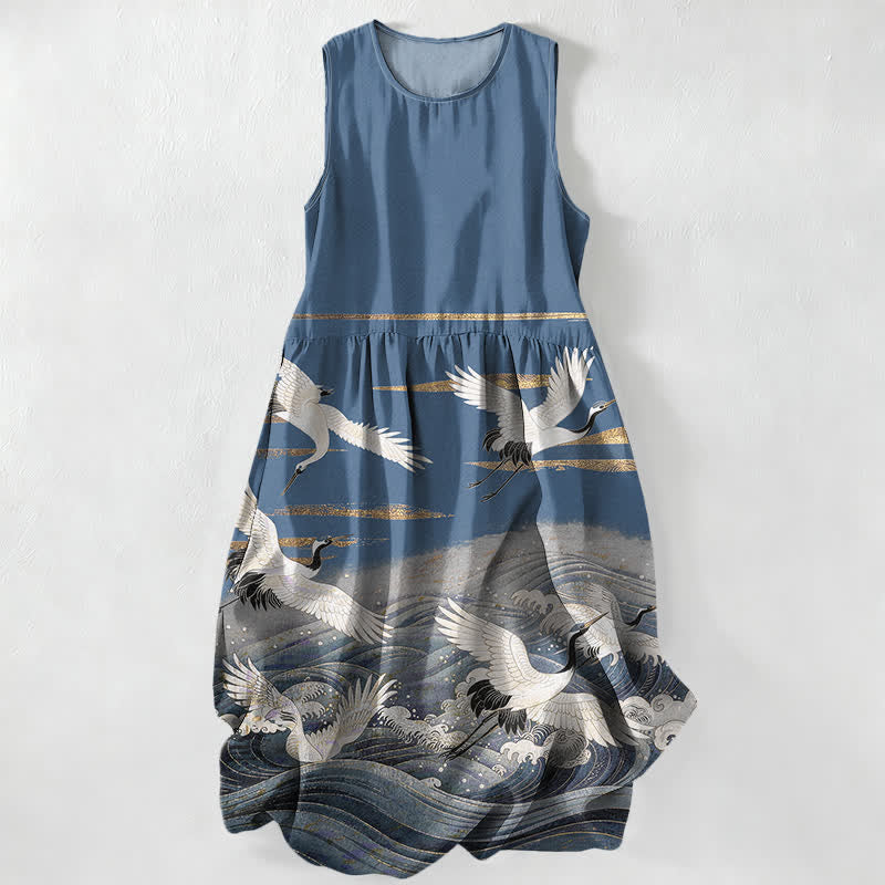 Buddha Stones Lässiges, ärmelloses Midikleid für Damen mit Kranich-Wellen-Muster und Taschen - SteelBlue - US16, UK/AU20, EU48 (3XL) - image 4