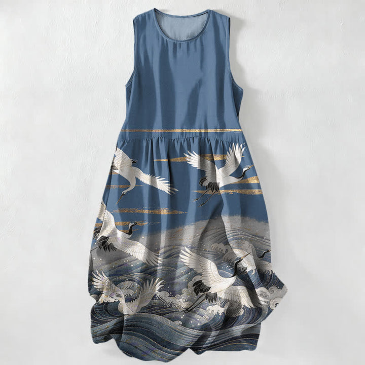 Buddha Stones Lässiges, ärmelloses Midikleid für Damen mit Kranich-Wellen-Muster und Taschen - SteelBlue - US16, UK/AU20, EU48 (3XL) - image 4