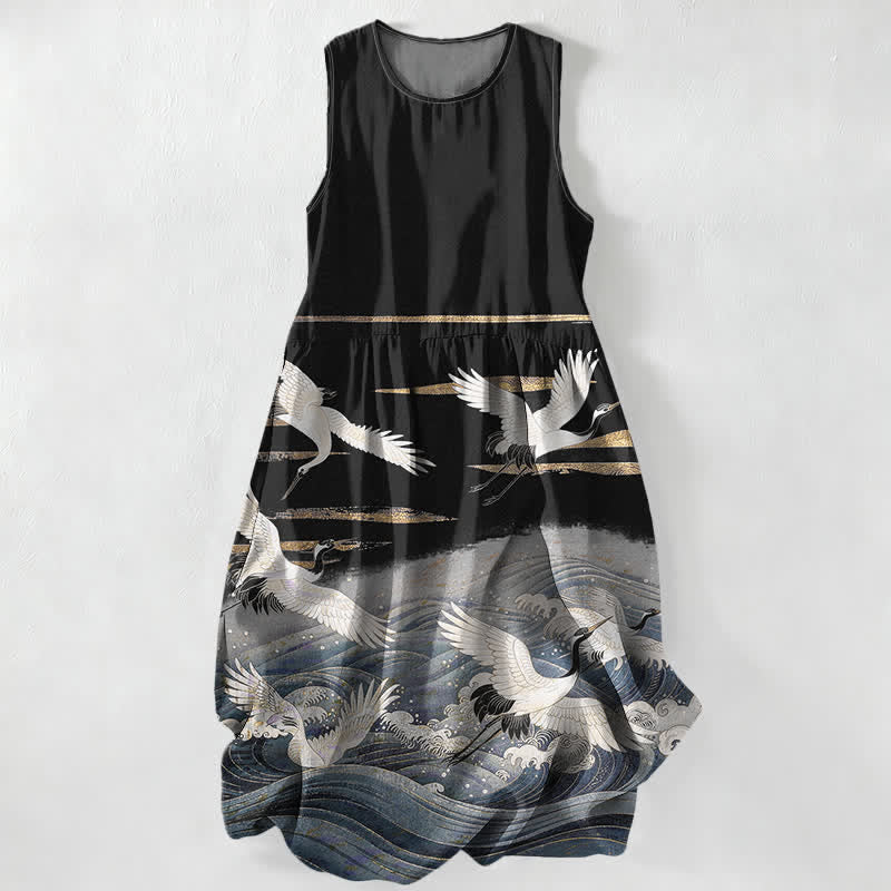 Buddha Stones Lässiges, ärmelloses Midikleid für Damen mit Kranich-Wellen-Muster und Taschen - Schwarz - US16, UK/AU20, EU48 (3XL) - image 5