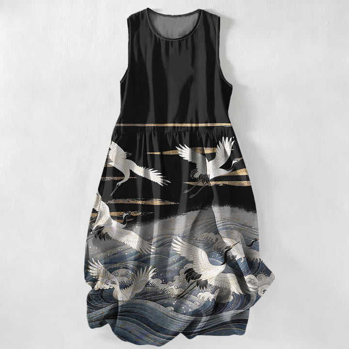 Buddha Stones Lässiges, ärmelloses Midikleid für Damen mit Kranich-Wellen-Muster und Taschen - Schwarz - US16, UK/AU20, EU48 (3XL) - image 5