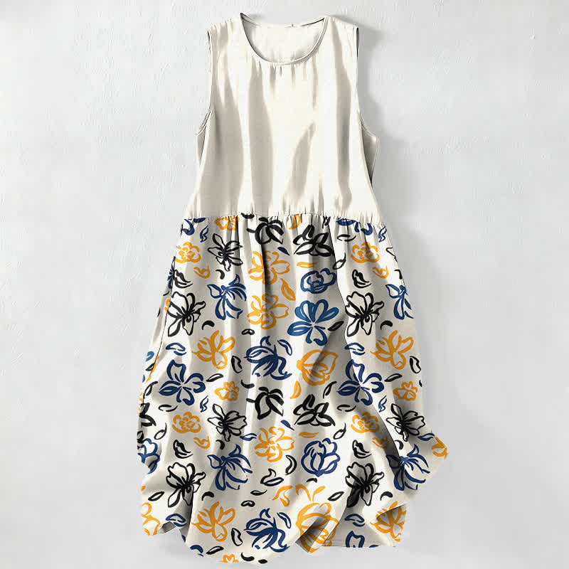 Buddha Stones Lässiges, ärmelloses Midikleid für Damen mit abstraktem Blumenmuster und Taschen - Elfenbein - US16, UK/AU20, EU48 (3XL) - image 0