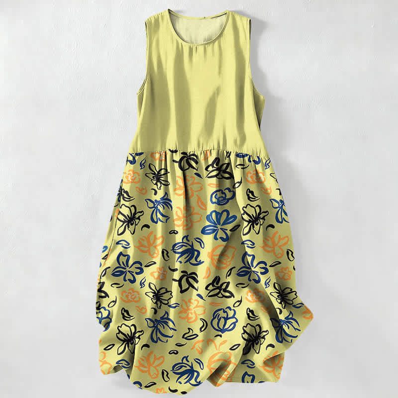 Buddha Stones Lässiges, ärmelloses Midikleid für Damen mit abstraktem Blumenmuster und Taschen - Zitronen-Chiffon - US16, UK/AU20, EU48 (3XL) - image 4