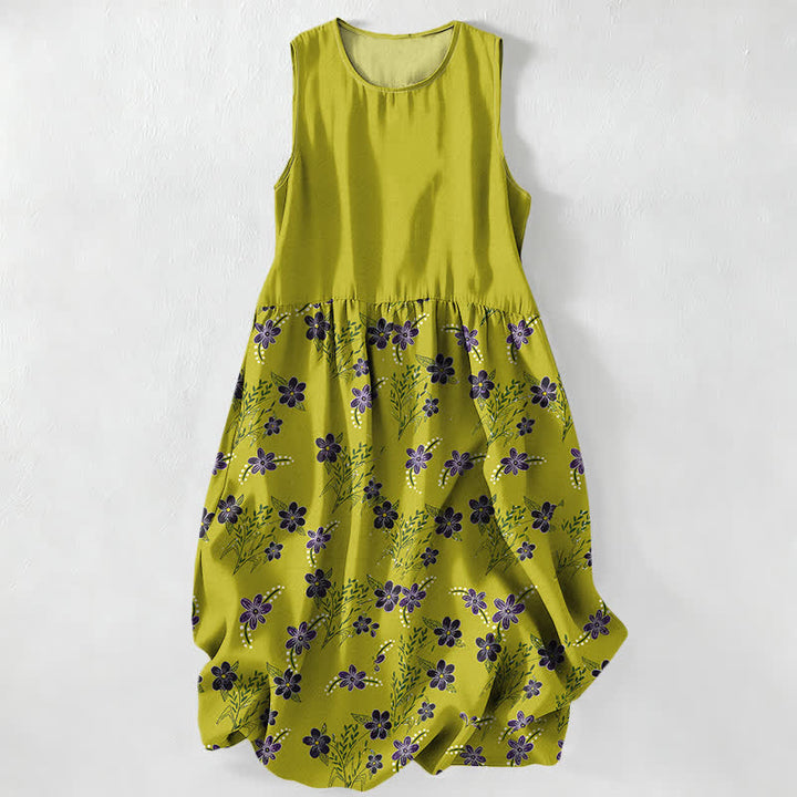 Buddha Stones Lässiges, ärmelloses Midikleid für Damen mit lila Blumenmuster und Taschen - Gelbgrün - US16, UK/AU20, EU48 (3XL) - image 0