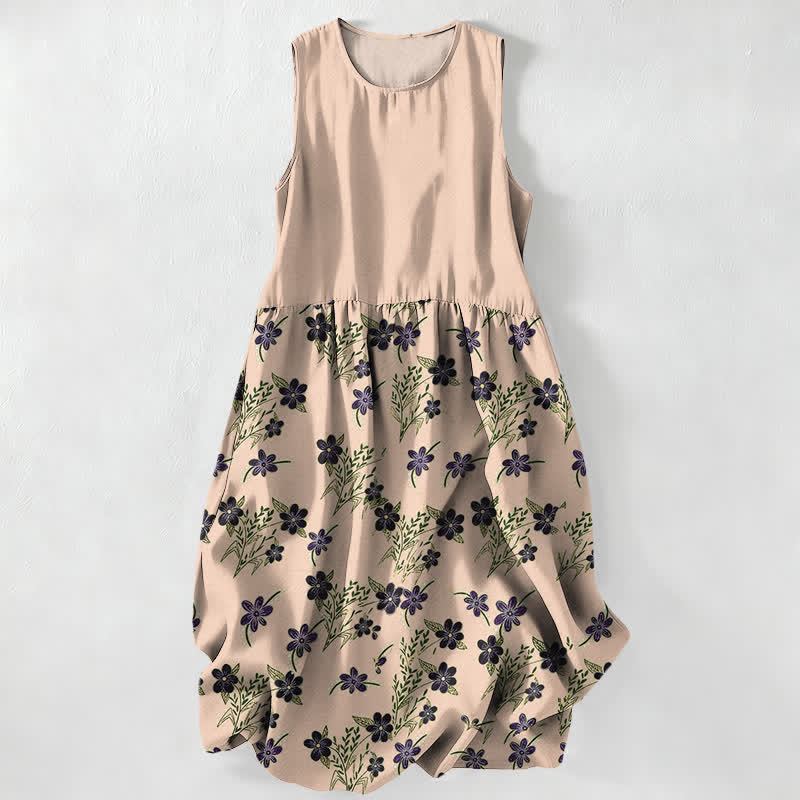 Buddha Stones Lässiges, ärmelloses Midikleid für Damen mit lila Blumenmuster und Taschen - Pfirsichpuff - US16, UK/AU20, EU48 (3XL) - image 5