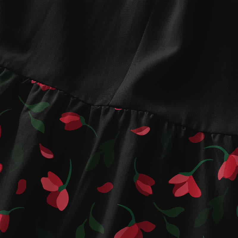 Buddha Stones Lässiges, rotes, ärmelloses Midikleid für Damen mit Blumenrankenmuster und Taschen - image 1