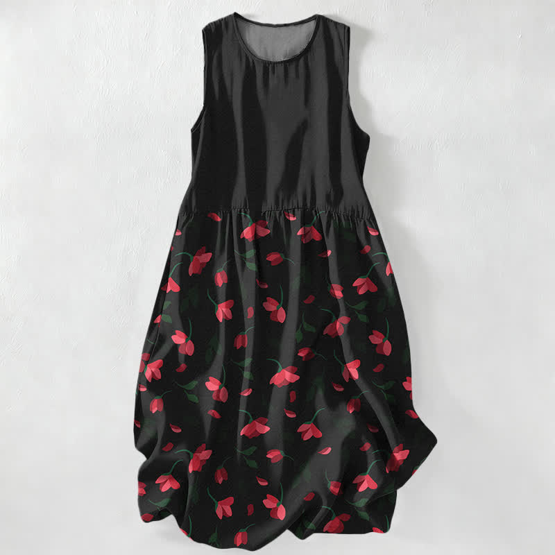 Buddha Stones Lässiges, rotes, ärmelloses Midikleid für Damen mit Blumenrankenmuster und Taschen - Schwarz - US16, UK/AU20, EU48 (3XL) - image 0