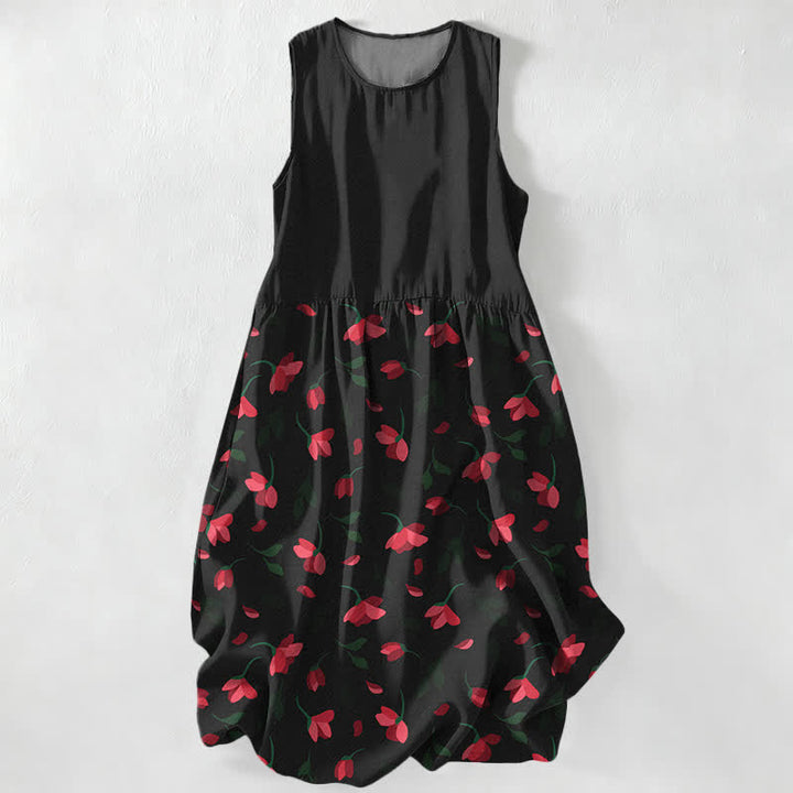 Buddha Stones Lässiges, rotes, ärmelloses Midikleid für Damen mit Blumenrankenmuster und Taschen - Schwarz - US16, UK/AU20, EU48 (3XL) - image 0