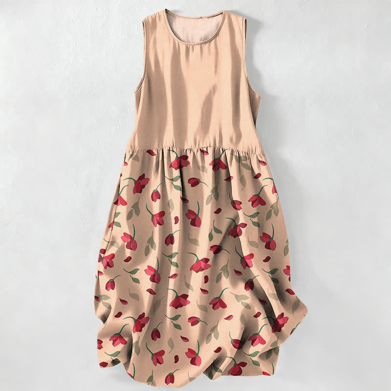 Buddha Stones Lässiges, rotes, ärmelloses Midikleid für Damen mit Blumenrankenmuster und Taschen - Pfirsichpuff - US16, UK/AU20, EU48 (3XL) - image 4