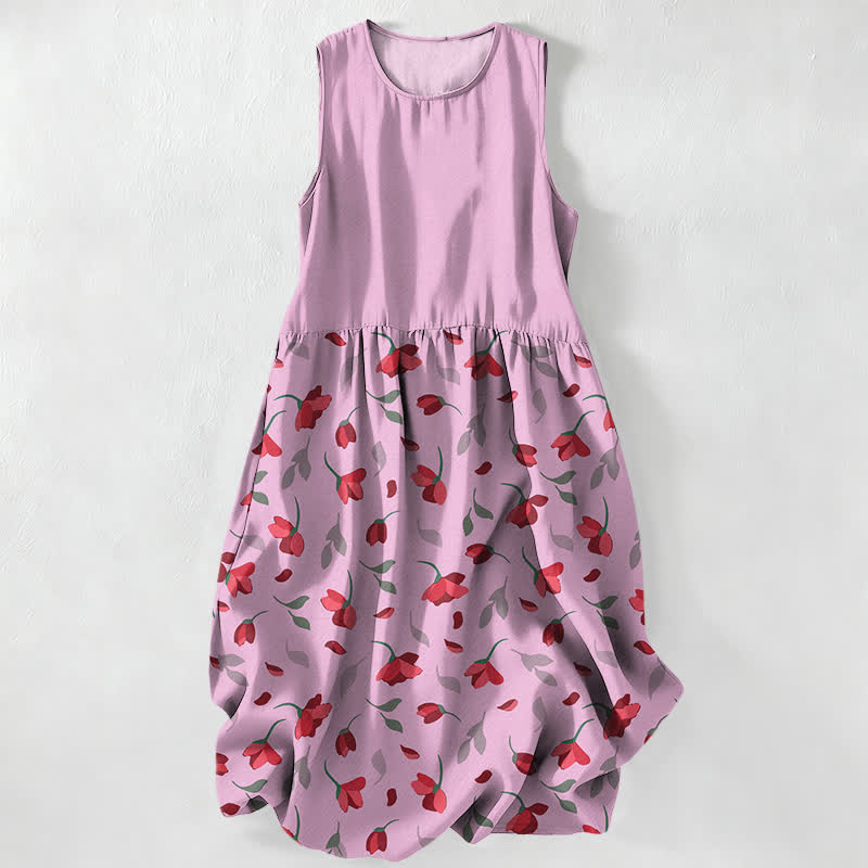 Buddha Stones Lässiges, rotes, ärmelloses Midikleid für Damen mit Blumenrankenmuster und Taschen - Hellrosa - US16, UK/AU20, EU48 (3XL) - image 5