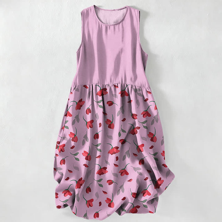 Buddha Stones Lässiges, rotes, ärmelloses Midikleid für Damen mit Blumenrankenmuster und Taschen - Hellrosa - US16, UK/AU20, EU48 (3XL) - image 5