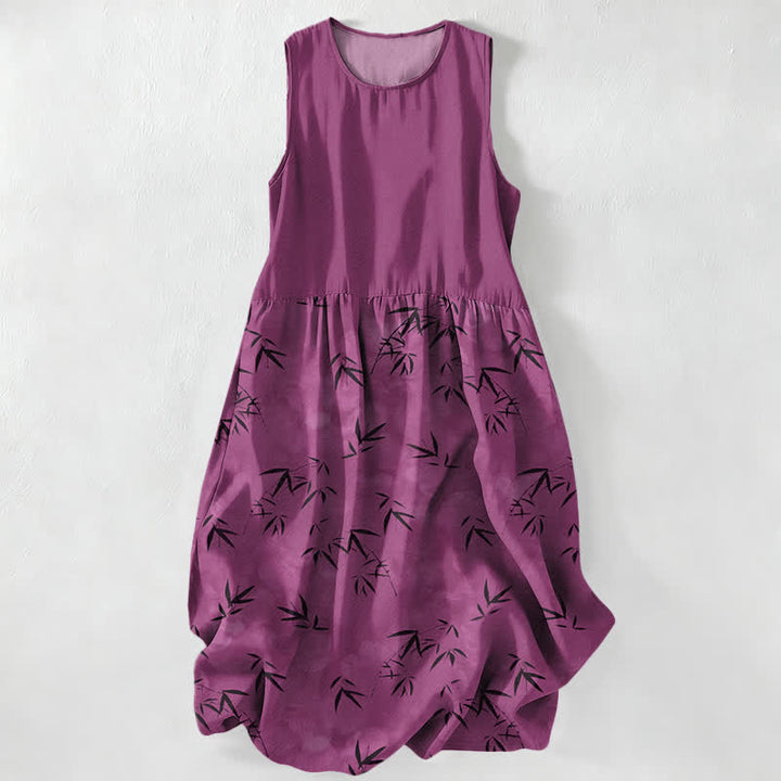 Buddha Stones Lässiges, ärmelloses Sommer-Midikleid für Damen mit Bambusblattmuster und Taschen - Mittelviolettrot - US16, UK/AU20, EU48 (3XL) - image 0