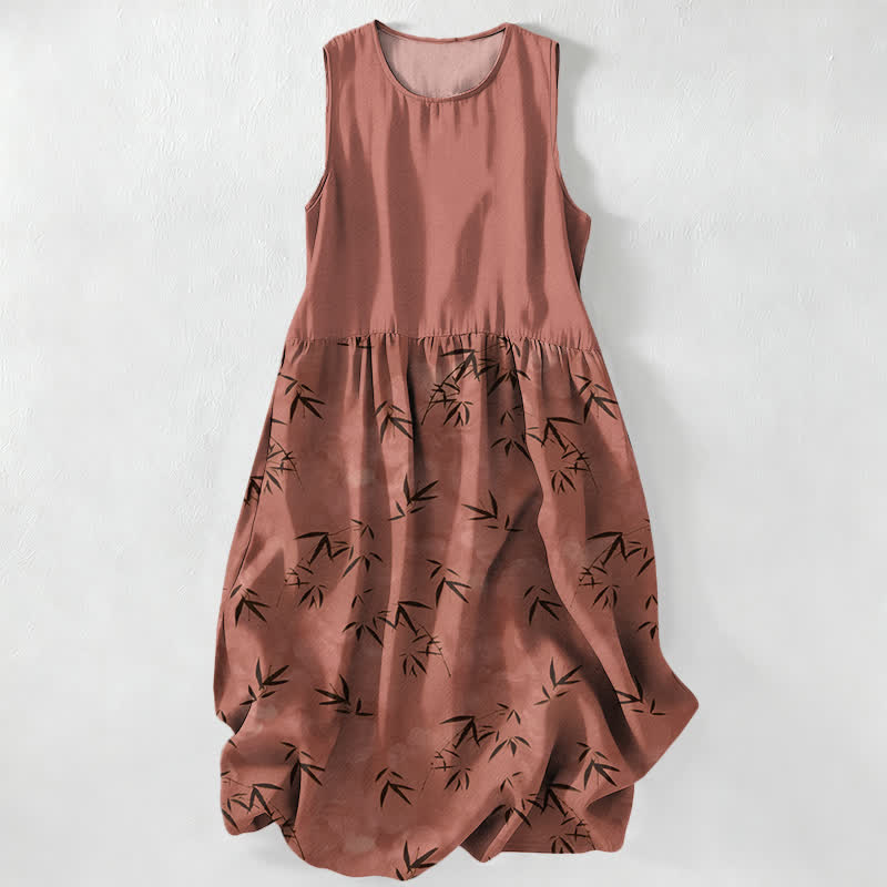 Buddha Stones Lässiges, ärmelloses Sommer-Midikleid für Damen mit Bambusblattmuster und Taschen - Schokolade - US16, UK/AU20, EU48 (3XL) - image 5