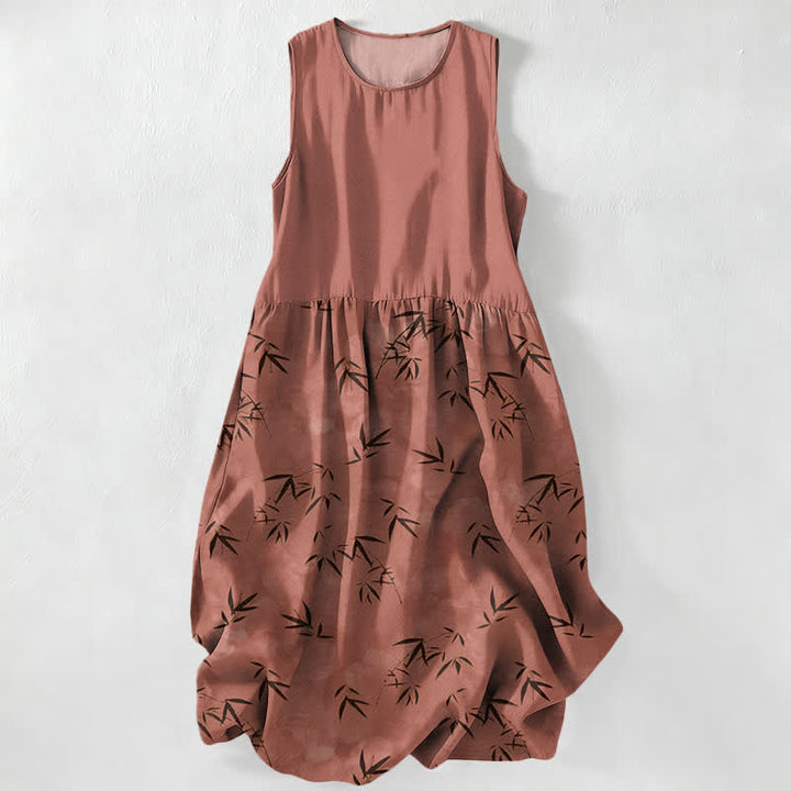 Buddha Stones Lässiges, ärmelloses Sommer-Midikleid für Damen mit Bambusblattmuster und Taschen - Schokolade - US16, UK/AU20, EU48 (3XL) - image 5