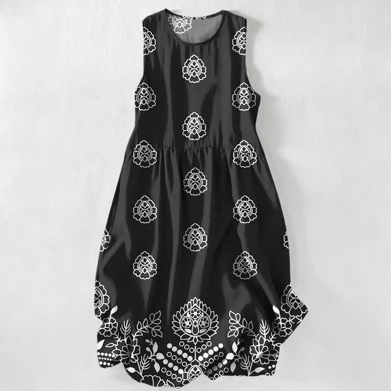 Buddha Stones Sommerliches, lässiges Vintage-Sommerkleid für Damen mit floralem Medaillon- und Blättermuster, ärmellos, Midi-Länge und Taschen - Schwarz - US16, UK/AU20, EU48 (3XL) - image 0