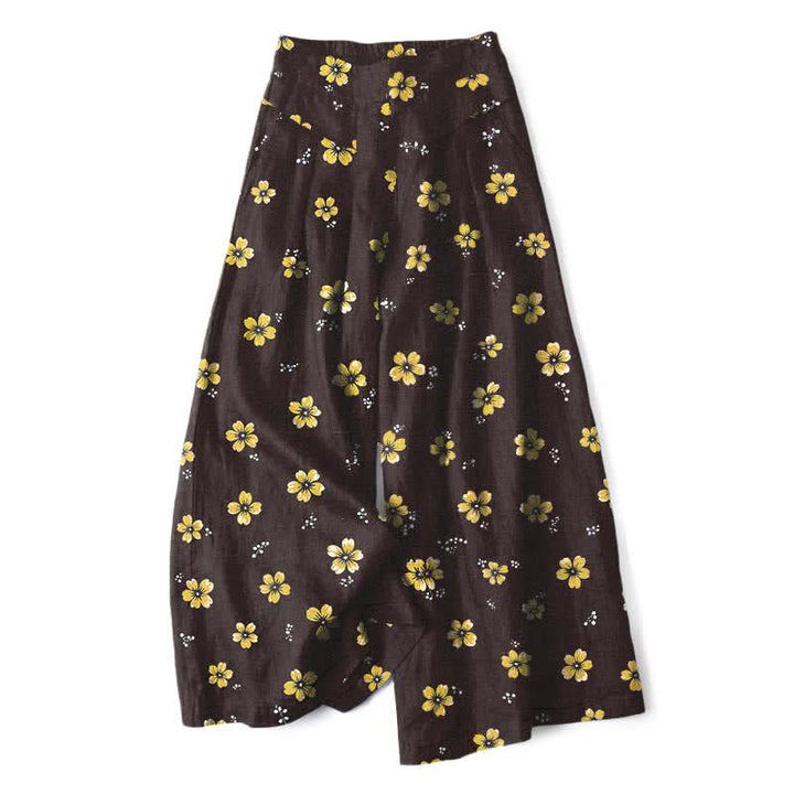 Buddha Stones Baumwoll-Leinen-Hose mit Vintage-Blumenmuster, elastischem Bund, weitem Bein und Taschen - Schwarz - US16, UK/AU20, EU48 (3XL) - image 0