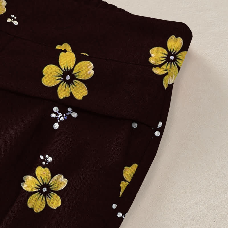 Buddha Stones Baumwoll-Leinen-Hose mit Vintage-Blumenmuster, elastischem Bund, weitem Bein und Taschen - image 2