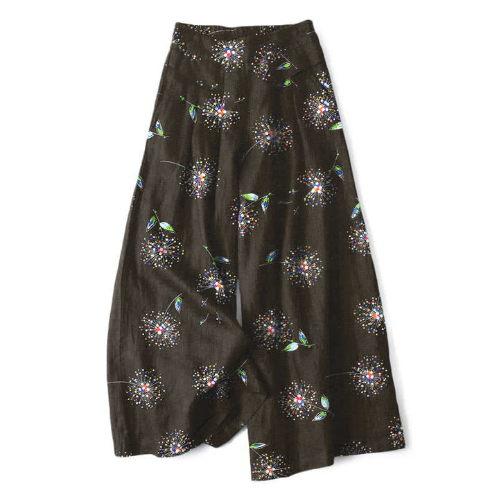 Buddha Stones Baumwoll-Leinen-Hose mit buntem Löwenzahn-Blumenmuster, elastischem Bund, weitem Bein und Taschen - Schwarz - US16, UK/AU20, EU48 (3XL) - image 0